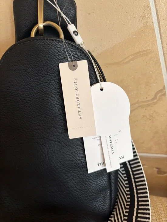 Anthropologie Black Pebbled Leather Crossbody with Striped Strap - Picture 2 of 2